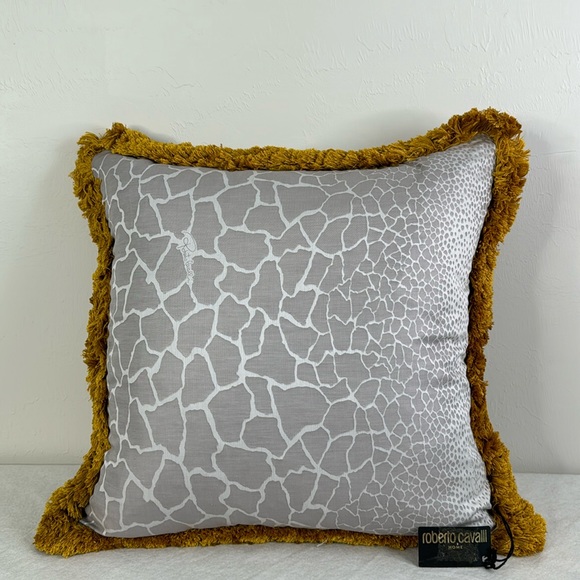 ROBERTO CAVALLI NEW NWT GRAY GOLD FRINGE GIRAFFE PRINT LARGE ACCENT PILLOW - Picture 2 of 13